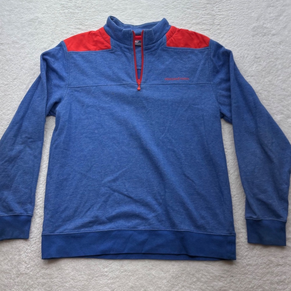 Vineyard Vines Mens Medium Blue Red Contrast Shep Shirt Quarter Zip Pullover